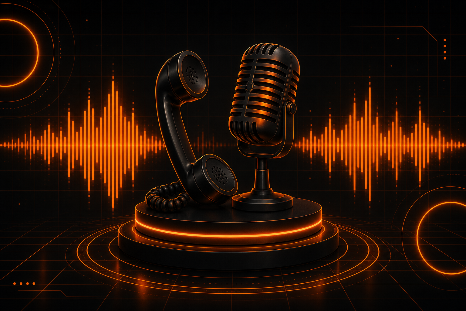 Stylised audio guestbook illustration: microphone, vintage phone and glowing sound waves in EYUP EVENTS orange and black