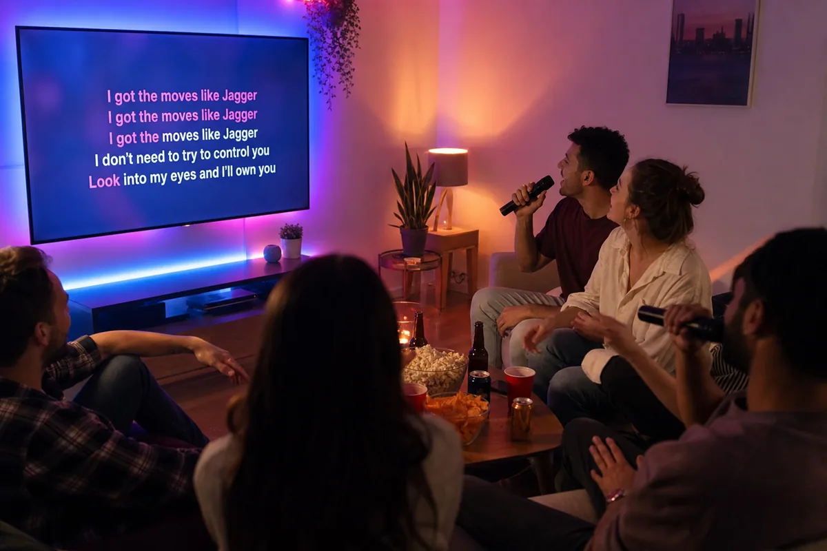 House party karaoke setup in a living room with screen and microphones