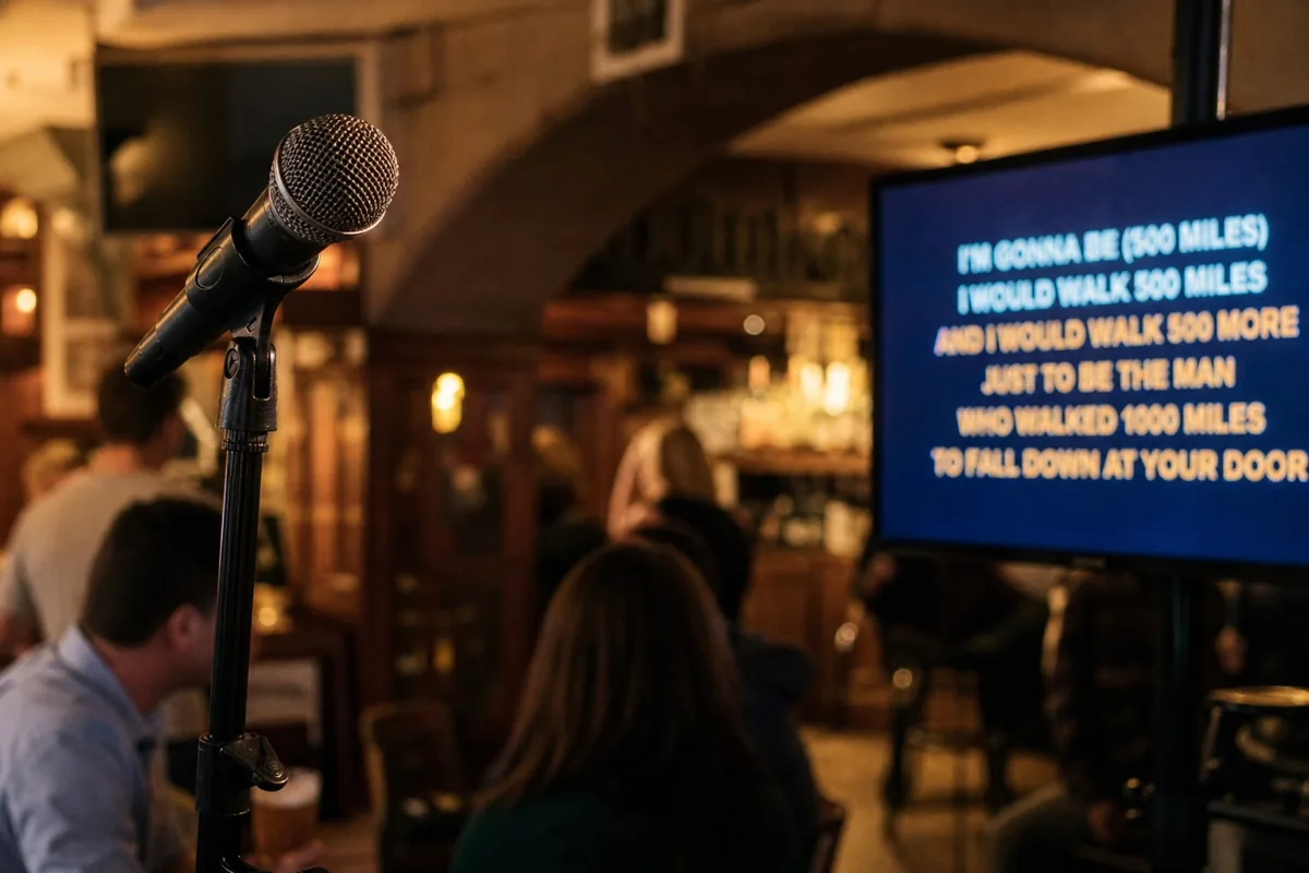 Warm pub interior with karaoke screen and microphone for a lively karaoke night