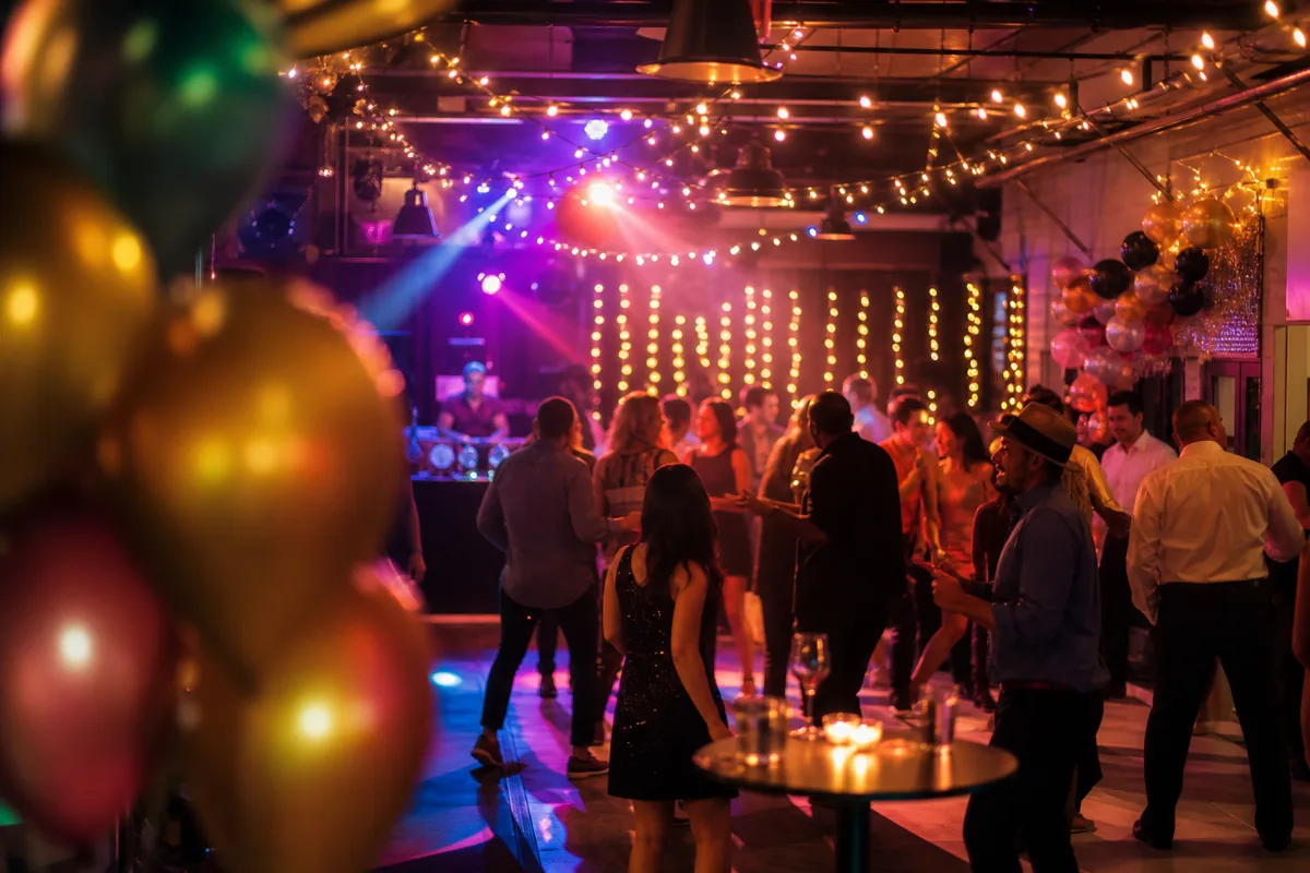 Colourful birthday party celebration with dance floor lighting