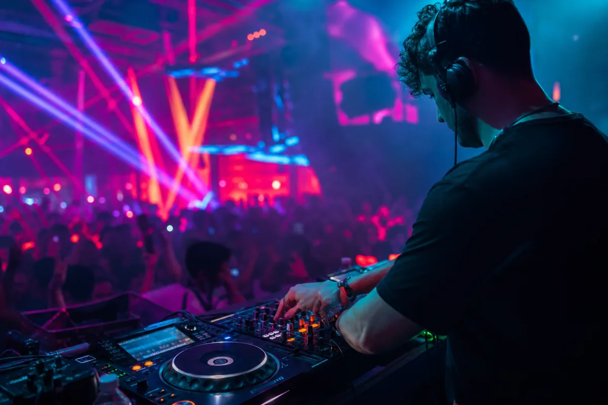 Nightclub DJ booth with lasers and crowd atmosphere
