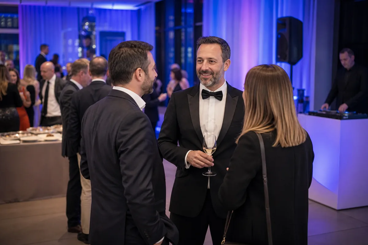 Corporate evening event with guests mingling and professional entertainment lighting