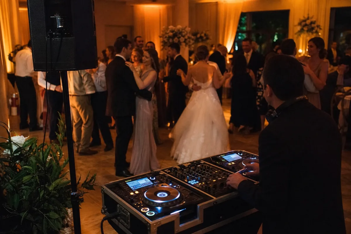 Wedding reception dance floor with warm lighting and DJ setup
