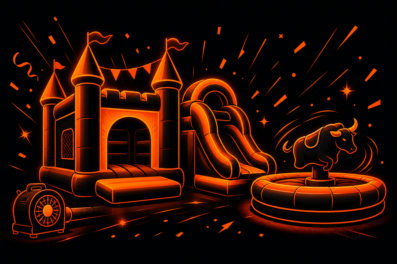 Stylised inflatable hire illustration: bouncy castle, slide and ride in EYUP EVENTS orange and black