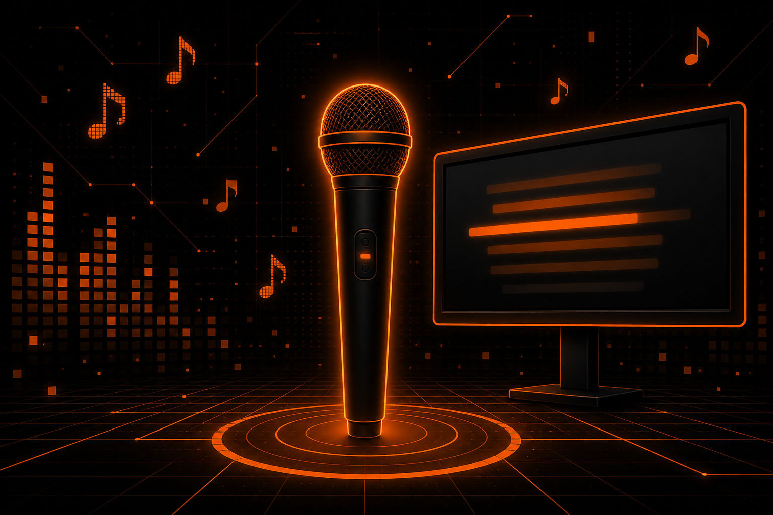 Stylised karaoke illustration: microphone, lyrics display and music notes in EYUP EVENTS orange and black