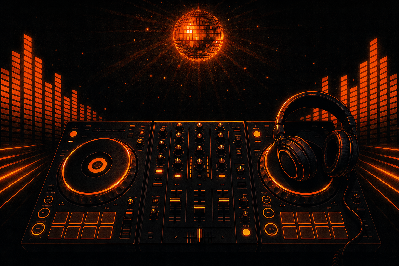 Stylised mobile DJ illustration: decks, mixer and headphones in orange and black