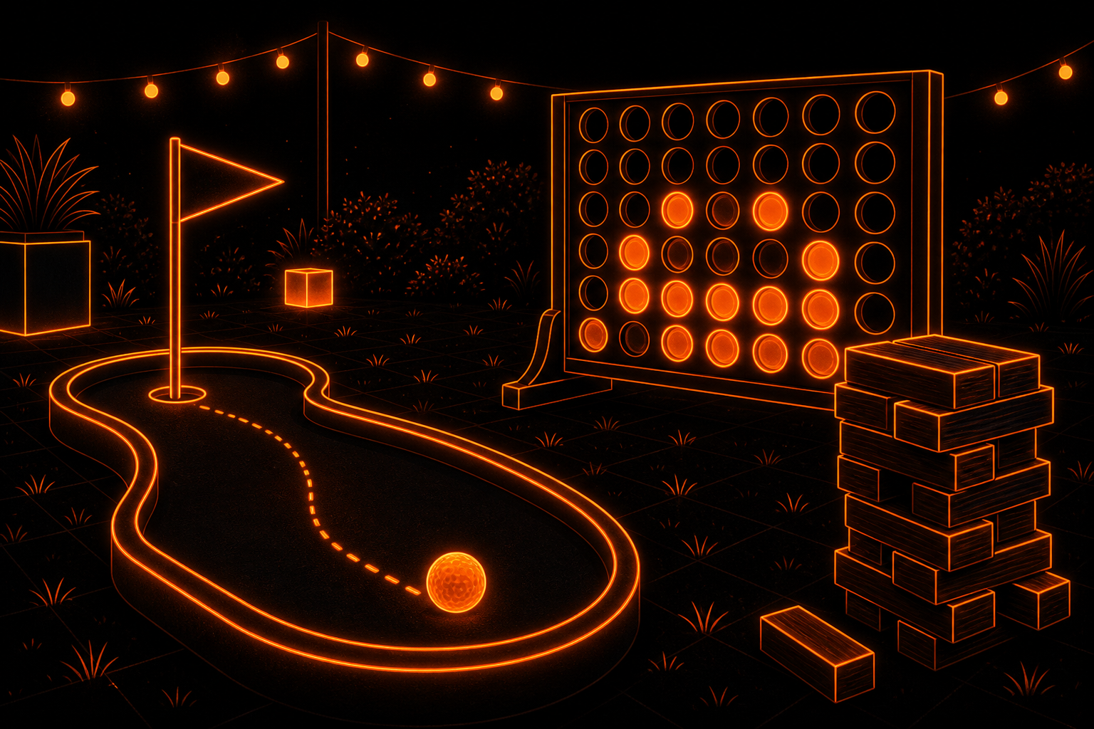 Stylised outdoor games illustration: mini golf, giant four-in-a-row and lawn games in EYUP EVENTS orange and black