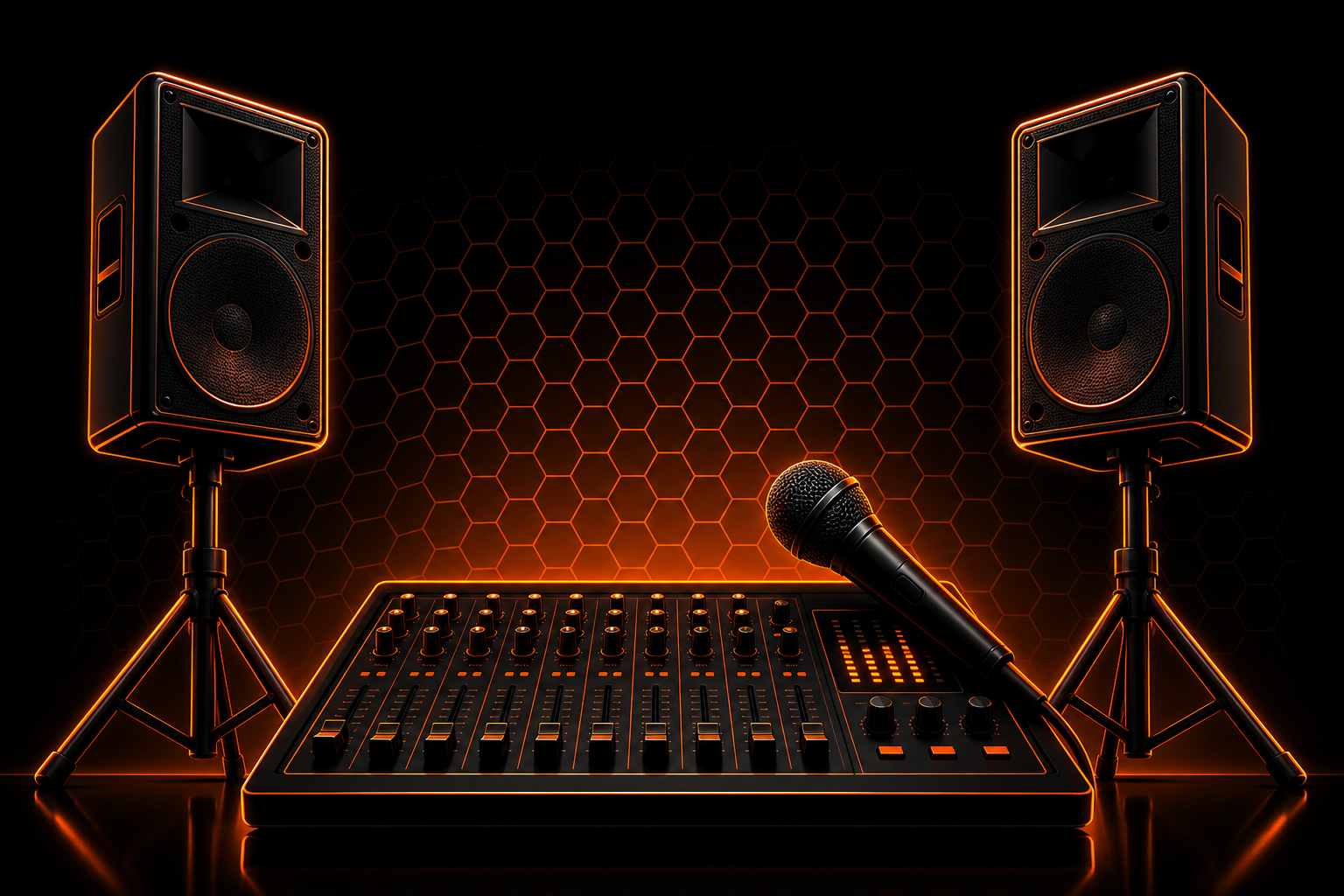 Stylised PA hire illustration: speakers, mixer and microphone in orange and black