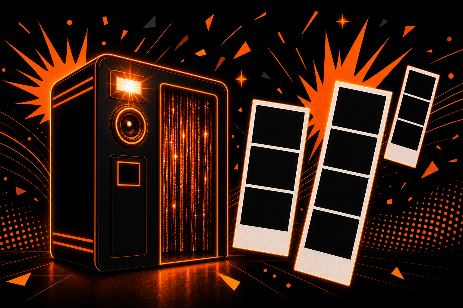 Stylised photo booth illustration: booth outline, camera flash and instant photo strips in EYUP EVENTS orange and black